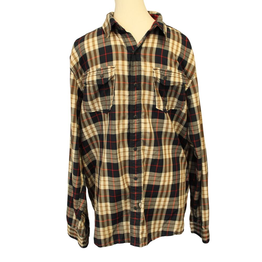 North Face Plaid Men's Snap Shirt Size Lg Long Sleeve Navy Orange Tan Very Good